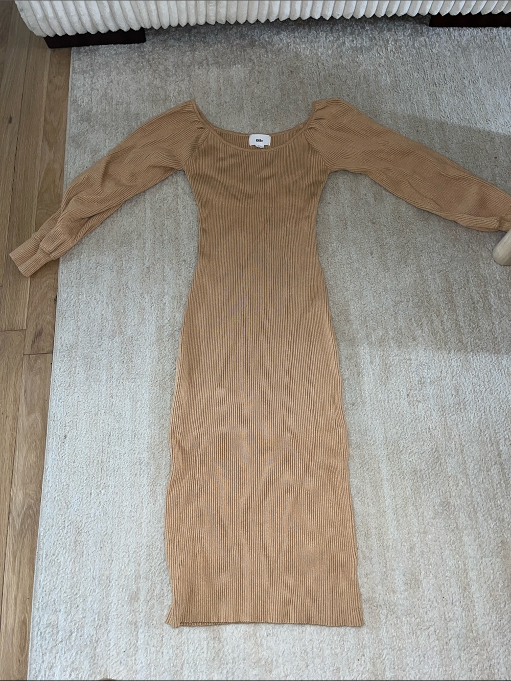 Olia Ribbed Long-Sleeve Midi Sweater Dress - Camel
